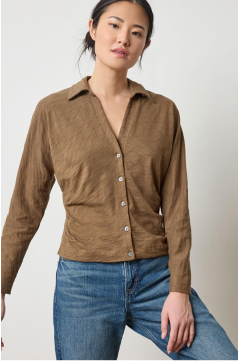 Lilla P Side Pleat Button Down Truffle
