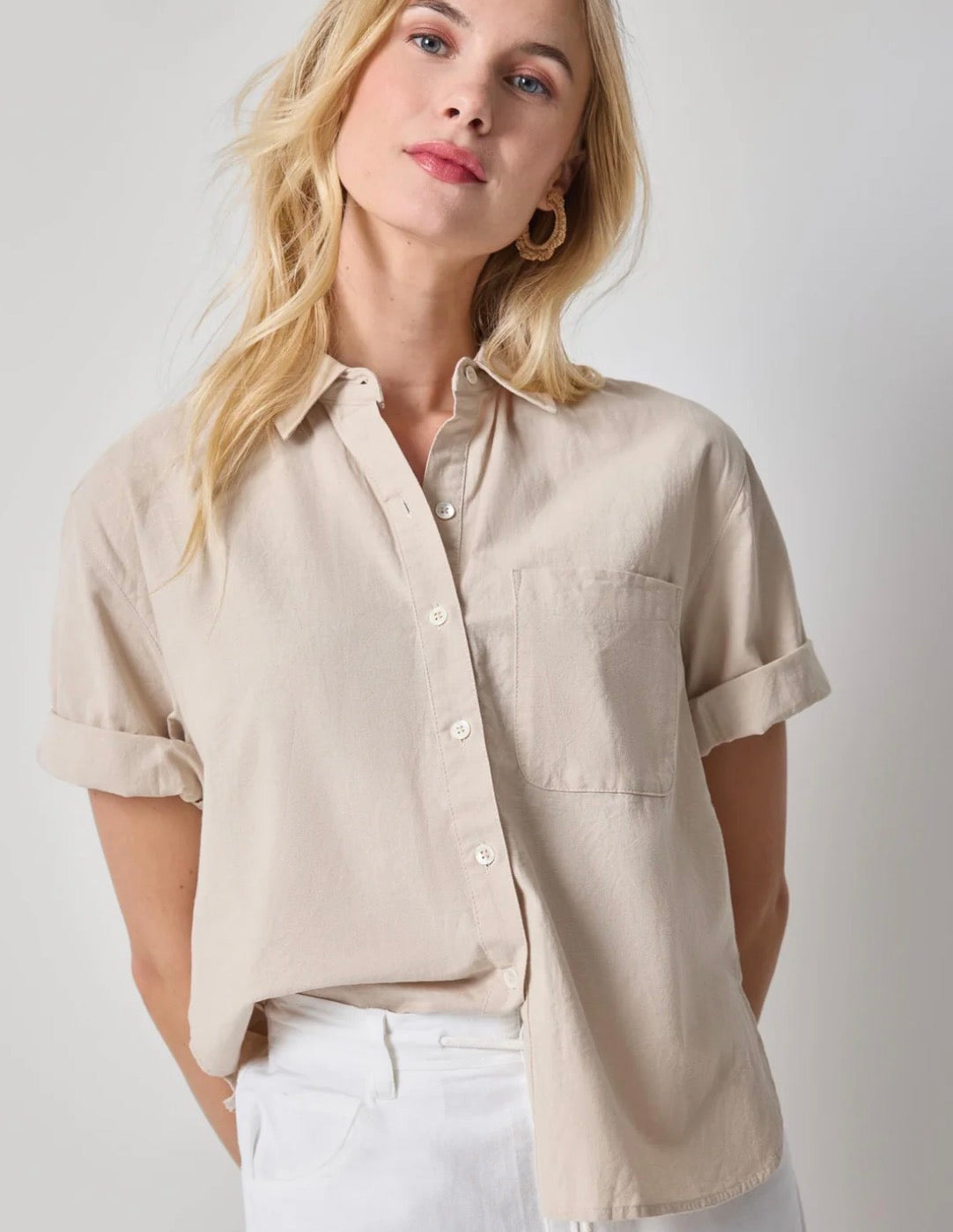 Lilla P Linen Blend Boyfriend Button Down Shirt