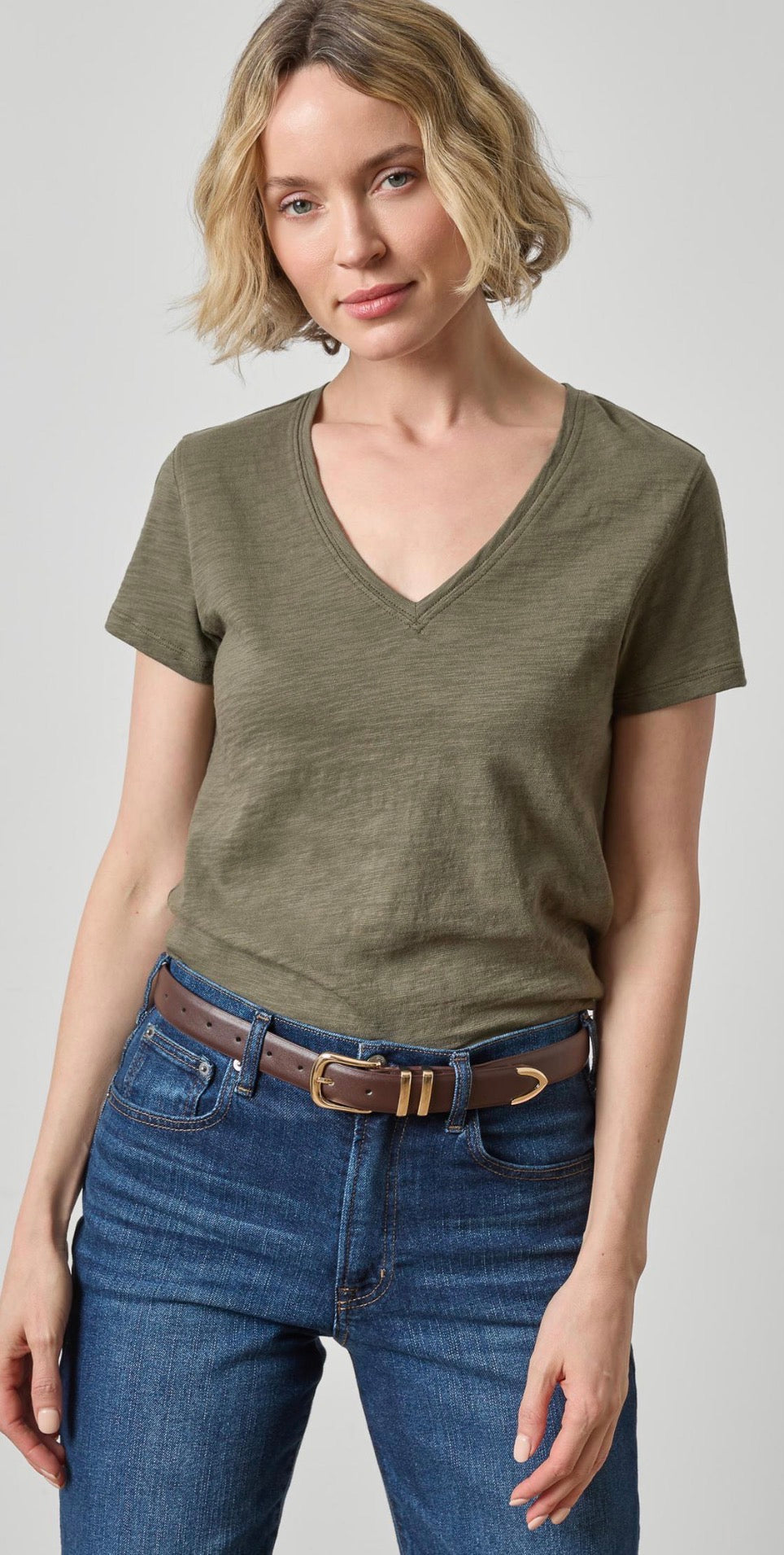 Lilla P Short Sleeve Olive V Neck Tee