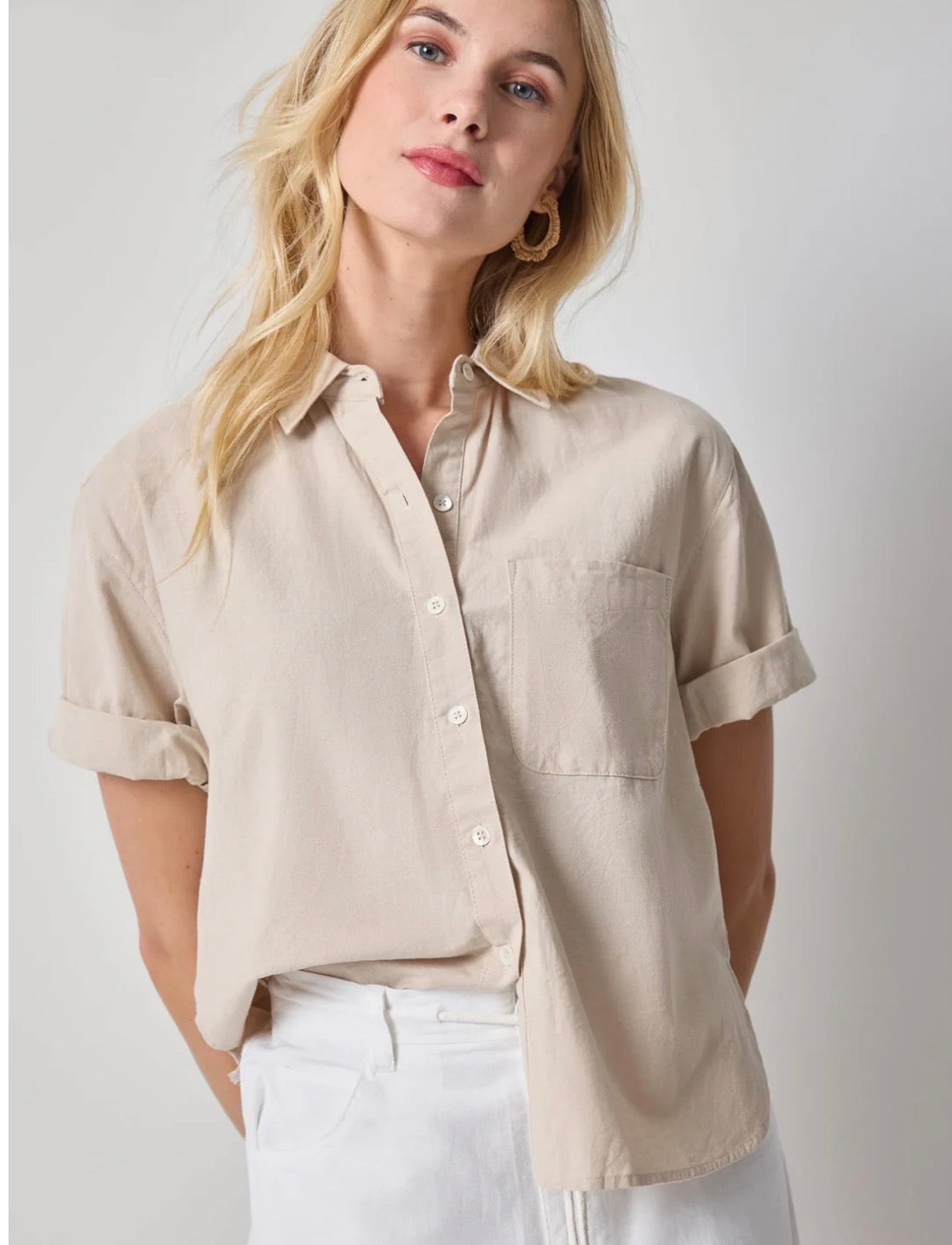 Lilla P Linen Blend Boyfriend Button Down Shirt