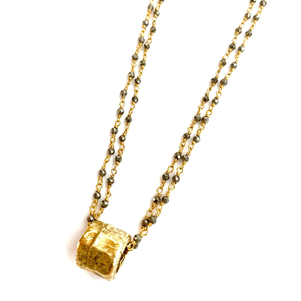 Erin Gray Small Gold Barrel on Double Pyrite Necklace