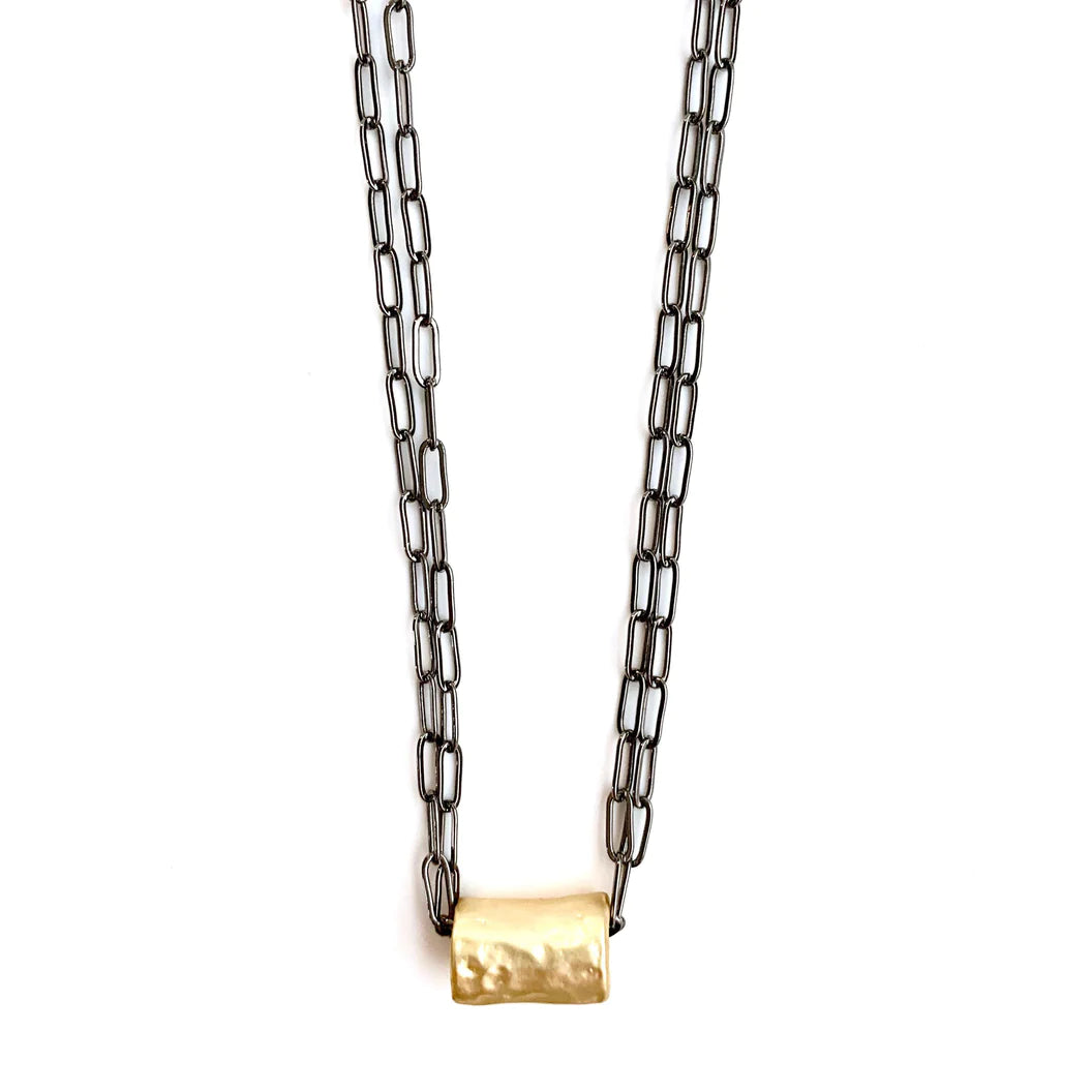 Erin Gray Gold Barrel on Double Gunmetal Paperclip Necklace